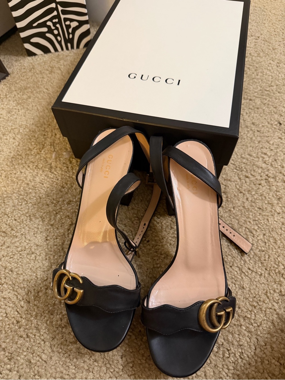 Gucci Black Leather Heel Sandals with Gold GG Hardware
